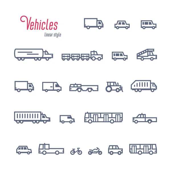 Lineal Conjunto de iconos de coche, Varios tipos de coches y vehículos. Esquema estilo vector ilustración sobre fondo blanco. — Vector de stock