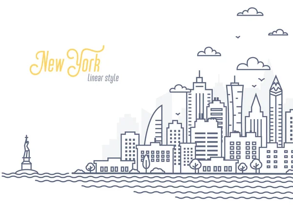 Ландшафт Нью-Йорка искушает. Тонкая линия Cityscape, Манхэттен или центр города с высокими небоскребами. Векторная иллюстрация контуров на белом фоне. — стоковый вектор