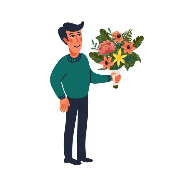 Homem segurando buquê de flores. Ilustração vetorial em estilo de desenho animado plano sobre fundo branco. —  Vetores de Stock