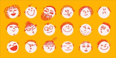 Turuncu arka planda neşeli emoji ifadeleri olan pastel karalama yüz seti. Elle çizilmiş gülümseme simgeleri ve tebeşir desenli yüzler. Çıkartmalar, posterler, kartlar, vektör çizimleri için mükemmel.