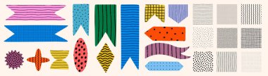 Kalıp koleksiyonu ve renkli şekiller, şeritler, çizgiler, noktalar, ızgaralar ve dalgalarla süslenmiş. Boya kalemi ve karalama dokusuyla şekiller ve desenler. Kullanmak için örnek paneline sürükle.