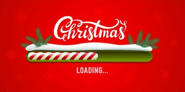 Noel yükleme barı, geri sayım zamanlayıcısı ve kırmızı arka planda kar altında çam dalları. Tatil afişleri ve tasarımları için Noel mesajı ve şeker şeridi yükleme süreci. Vektör illüstrasyonu