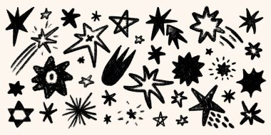 Karalama yıldızları, kuyrukluyıldızlar ve tebeşir şeklinde patlamalar da dahil olmak üzere siyah çizim desenli el yapımı pastel yıldız. Çizim desenli pastel yıldız çizimi. Çıkartmalar, posterler, baskılar için harika.