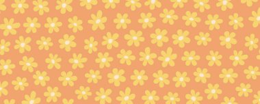 Turuncu arkaplanda sarı papatya şekilli soyut papatya çiçeği arkaplanı. Eski posterler, kumaşlar, ambalaj kağıtları ve neşeli markalar için harika bir çiçek tasarımı..