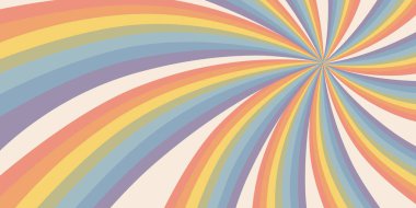 Gökkuşağı kıvrımlı arka planda soyut saykodelik kompozisyonda pastel güneş ışınları var. Gökkuşağı kıvrımlı çizgili desenli ve yumuşak retro tonlu girdap tasarımı. Vektör illüstrasyonu.