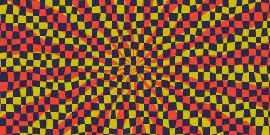 Kırmızı, sarı ve siyah dalgalı ızgaralarla donatılmış arka plan hayal gördüren güneş ışınları oluşturuyor. Kalın punk müzik tarzında damalı ışın kompozisyonu. Vektör illüstrasyonu.