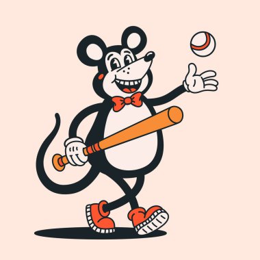 Çizgi film gerici fare karakteri, arka planda beyzbol sopası ve topla klasik illüstrasyon tarzıyla oynuyor. Çıkartmalar, posterler ve giysiler için modaya uygun vektör biçimi içinde Retro mouse karakteri