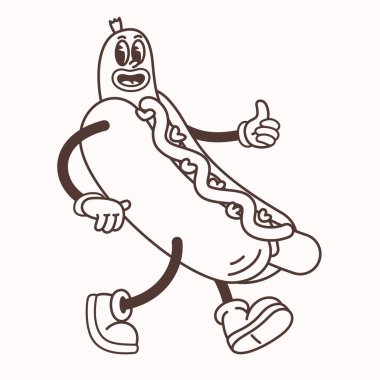 Çizgi film karakteri, sosis ve çörekli, modaya uygun bir retro-line tarzı var. Klasik görünümlü sosisli çizgi film çizimi. Çıkartmalar, posterler, boyama sayfaları, menüler için harika.