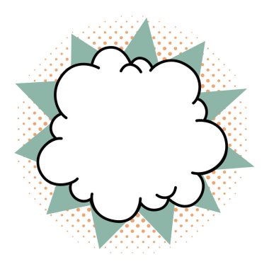 Yeşil ışınlar ve turuncu yarım ton arkaplan üzerinde çizgi roman bulutu ve boş konuşma çerçevesi ile yıldız patlaması şekli. Satış etiketleri, tanıtım rozetleri ve çizgi roman tasarımı için Retro vektör yıldız simgesi.