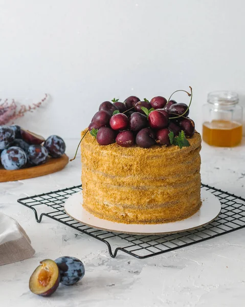Hausgemachter Honigkuchen Mit Beeren — Stockfoto