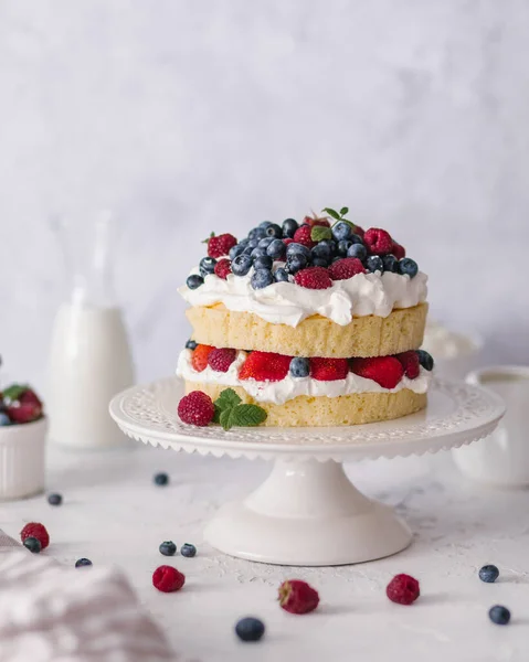 Japanischer Käsekuchen Mit Erdbeeren Und Beeren Lebensmittelkonzept Hintergrund Hausgemacht Sahne — Stockfoto