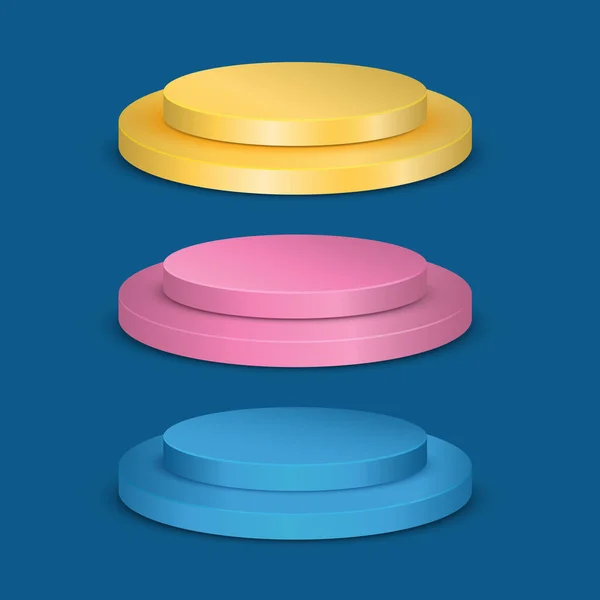 Sarı, pembe ve mavi yuvarlak kaidesi mavi arka planda izole edilmiş. Ürün tanıtımı için vektör podyumu.