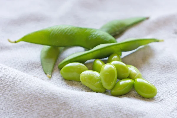 Feijão de soja verde cozido no fundo do tecido — Fotografia de Stock