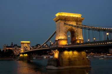 Gece Budapeşte'ünlü zincir köprü görünümü. 