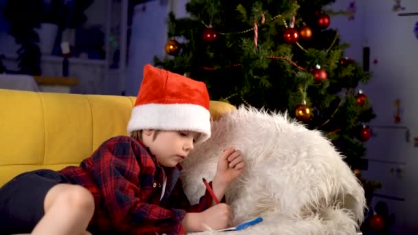 Malý Chlapec Vánočním Klobouku Píše Dopis Santa Clausovi Ležícímu Pohovce — Stock video