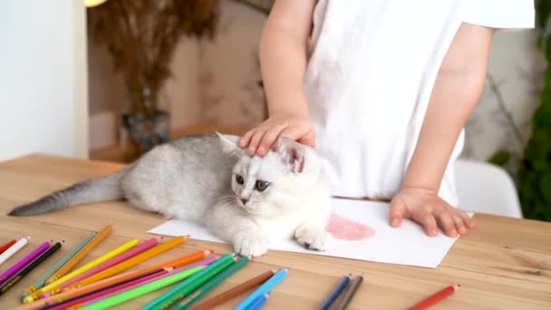 Küçük Bir Kız Tahta Bir Masada Renkli Kalemlerle Oynayan Beyaz — Stok video