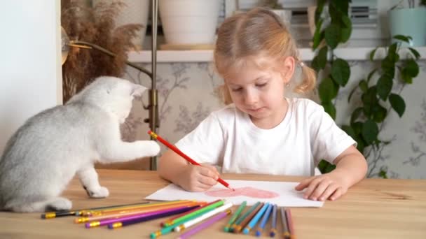 Ένα Ξανθό Κοριτσάκι Ζωγραφίζει Μια Καρδιά Χρωματιστά Μολύβια Και Ένα — Αρχείο Βίντεο