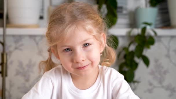 Uma menina loira bonita pequena com olhos cinzentos e tranças senta-se a uma mesa e sorri para a câmera — Vídeo de Stock