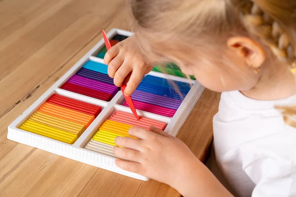 Little Girl Bright Colorful Palette Colored Plasticine Modeling Hobbies Development — Stock Photo, Image