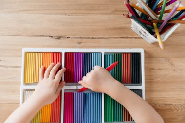 Çocukların elleri ve kreş çocukları, hobileri ve el becerilerinin geliştirilmesi için renkli parlak bir plastik palet.