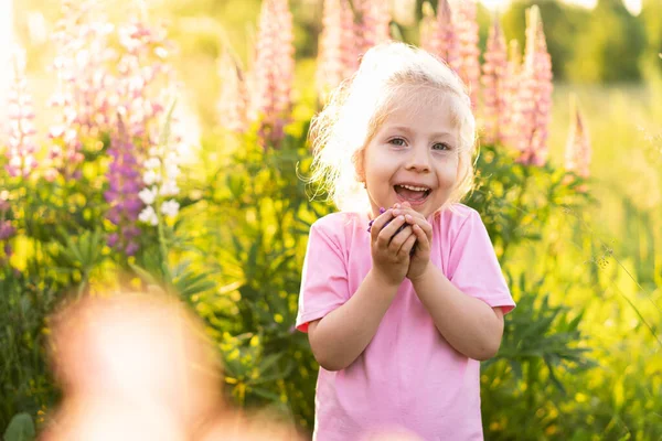 Счастливая Маленькая Девочка Летом Цветах Люпина Портрет Блондинки Природе — стоковое фото
