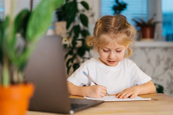 Küçük tatlı sarışın kız yazıyor, evde dizüstü bilgisayarın önünde çalışıyor, internetten öğreniyor, okula geri dönüyor..