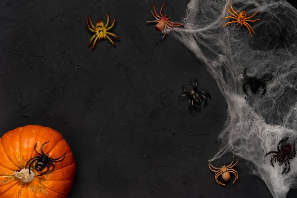 Tela Araña Con Arañas Sobre Fondo Negro Halloween Vista Superior — Foto de Stock