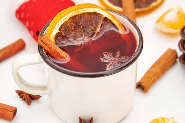 Vinho Quente Natal Feliz Natal Copo Vinho Quente Com Canela — Fotografia de Stock