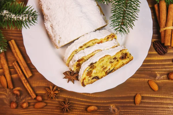 Natale Stollen Sfondo Legno Focus Holoday Selettivo — Foto Stock