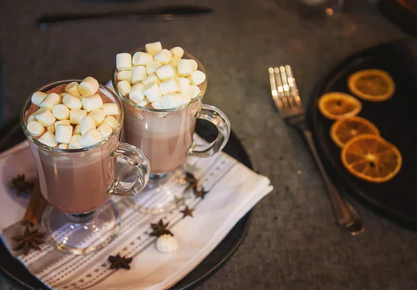 Cacao Con Malvaviscos Sobre Fondo Navideño Enfoque Selectivo Bebe — Foto de Stock