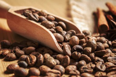 Anise yıldızları ve tarçın kızarmış kahve çekirdekleri üzerinde. Seçici odak noktası.