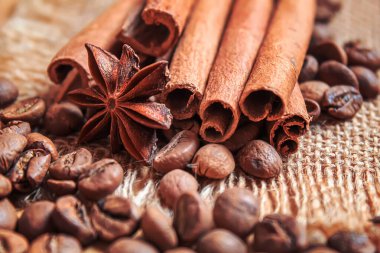 Anise yıldızları ve tarçın kızarmış kahve çekirdekleri üzerinde. Seçici odak noktası.