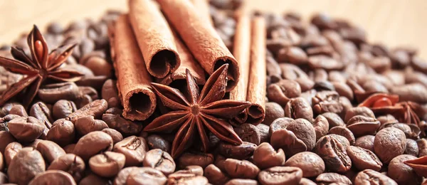 ローストコーヒービーンズのアニスの星とシナモン — ストック写真