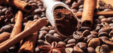 Anise yıldızları ve tarçın kızarmış kahve çekirdekleri üzerinde. Seçici odak noktası.