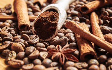 Anise yıldızları ve tarçın kızarmış kahve çekirdekleri üzerinde. Seçici odak noktası.