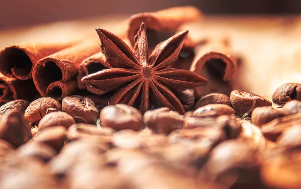 ローストコーヒービーンズのアニスの星とシナモン — ストック写真
