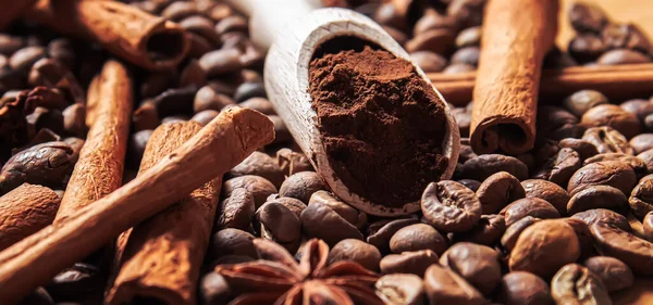 Anise yıldızları ve tarçın kızarmış kahve çekirdekleri üzerinde. Seçici odak noktası.