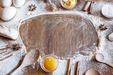 Pişirme hazırlığı. Mutfak konsepti. Üst Manzara. seçici odaklı yiyecek