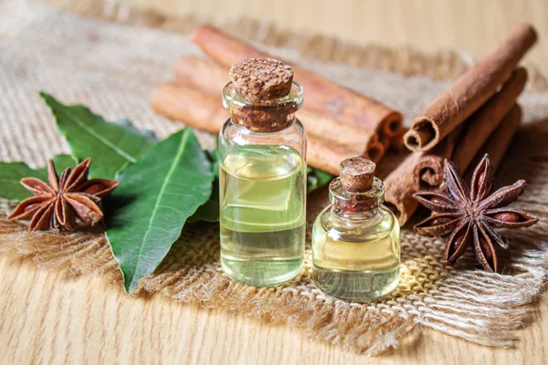 bay leaf oil in a small bottle.selecve focus nature