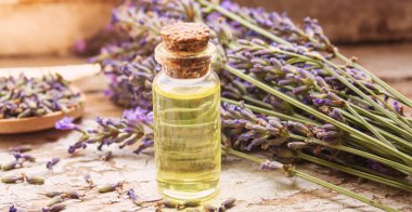 Lavanta yağı küçük bir şişede. Seçici odaklanma. Doğa.