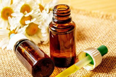 Papatya çayı, küçük bir şişe içinde yağmalama. Seçici odaklanma. Doğa 