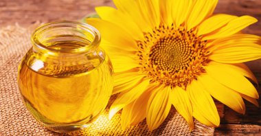 Eski ahşap arka planda ayçekirdeği ve yağ şişesi. Seçici odaklanma. Doğa.