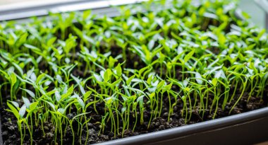 Pencere kenarındaki saksılarda biber tohumları. Seçici odaklanma.. doğa