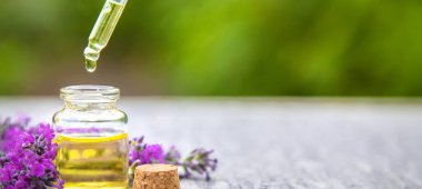 Lavanta yağı küçük bir şişede. Seçici odaklanma. Doğa.