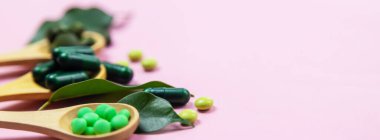 Küçük kavanozlarda Homeopati. Bitkisel özü. Seçici odaklanma. Doğa