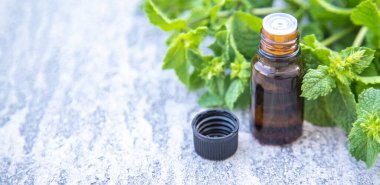 Küçük bir şişede nane yağı. Seçici odaklanma. Doğa.