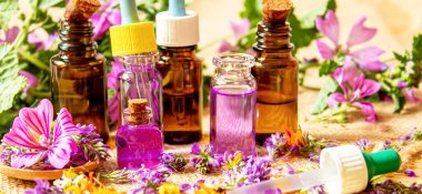 Homeopati, bitkiler ve özleri. Seçici odak.