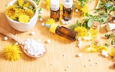 Küçük bir şişede Celandine karahindiba özü, tedavi, ilaç, tentür. Seçici odaklanma. Doğa