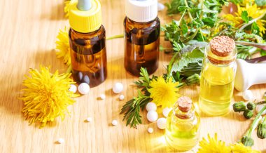 Küçük bir şişede Celandine karahindiba özü, tedavi, ilaç, tentür. Seçici odaklanma. Doğa