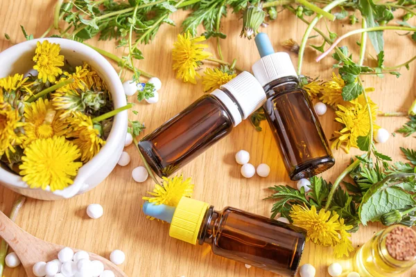 stock image Celandine dandelion extract in a littel bottle, treatment, medicine, tincture. selective focus.nature